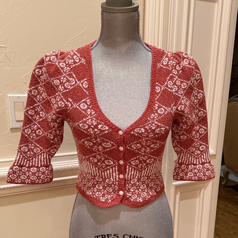 Free People Red and White Knit Cardigan SZ XS